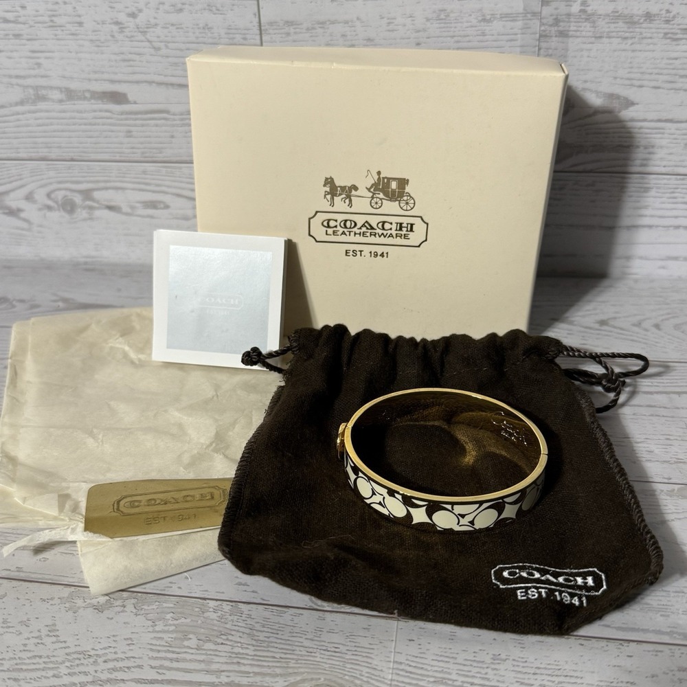 Coach Bracelet Signature C Logo Monogram Enamel Gold Tone Hinged Signed With Box